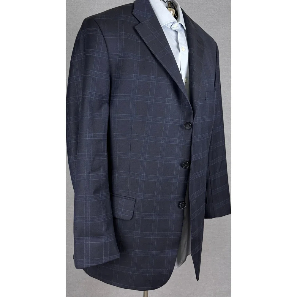 Tom James Mens 42L Navy Blue Plaid 100% Wool 3 Button Blazer Sport Coat Jacket
